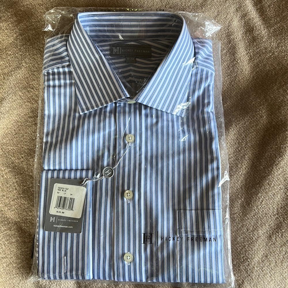 Hickey Freeman dress shirt still in original packaging. Blue stripe.
